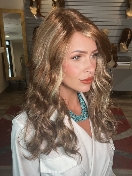 Madeline wearing SARAH by JON RENAU in FS26/31 CARAMEL SYRUP | Medium Natural Red Brown with Medium Red Gold Blonde Bold Highlights