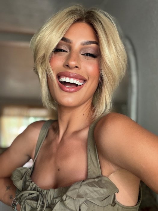 Roxie wearing JADORE DELUXE by ELLEN WILLE in PEARL BLONDE ROOTED | Pearl Platinum and Lightest Ash Blonde with Medium Ash Blonde Blend and Shaded Roots