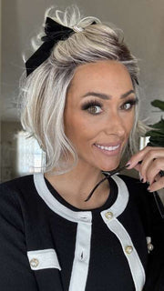 Nichole @nichole.alee wearing TREND ALERT by RAQUEL WELCH in GF19-23SS BISCUIT | Light Ash Blonde Evenly Blended with Cool Platinum Blonde with Dark Roots
