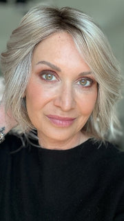 Emily H. wearing ESPRIT SMALL SOFT in PEARL BLONDE ROOTED | Pearl Platinum and Lightest Ash Blonde with Medium Ash Blonde Blend and Shaded Roots