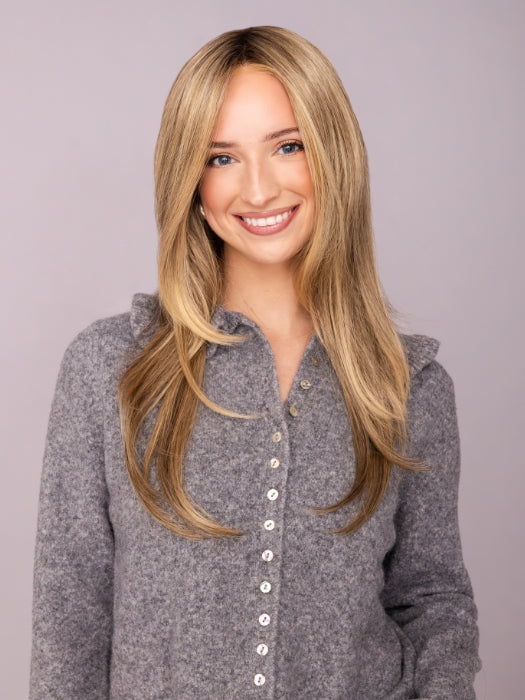 AVA wearing ZARA by JON RENAU in 24BT18S8 SHADED MOCHA | Medium Natural Ash Blonde & Light Natural Gold Blonde Blend, Shaded with Medium Brown