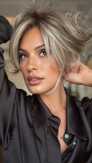 Roxie wearing MILLION DOLLAR BABE by TRESSALLURE in 52/38/49/R8 | 3 Tones of Grey blended with Dark Brown Roots