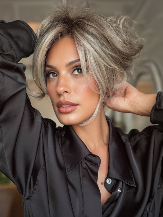 Roxie wearing MILLION DOLLAR BABE by TRESSALLURE in 52/38/49/R8 | 3 Tones of Grey blended with Dark Brown Roots