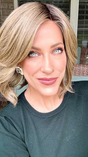 Kristyna @kristynamoore wearing LOVE ALWAYS, RAQUEL by RAQUEL WELCH  in color RL10/22SS SHADED ICED CAPPUCCINO | Light Brown Shaded with Medium Blonde