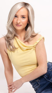 Ava wearing MIRANDA by JON RENAU in 101/88/27S8 CATALINA BLONDE | Pale blonde with Pure White Natural Violet halo highlights, shaded medium brown