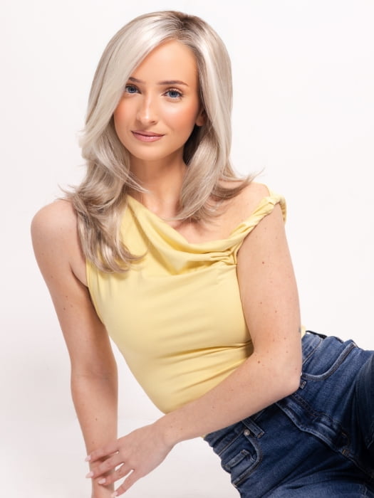 Ava wearing MIRANDA by JON RENAU in 101/88/27S8 CATALINA BLONDE | Pale blonde with Pure White Natural Violet halo highlights, shaded medium brown
