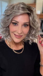 Eileen wearing GIRL MONO by ELLEN WILLE in STONE-GREY-ROOTED 56.60.58 | Dark/Lightest Brown and Lightest Blonde blended with Pearl White and a Grey Blend with Shaded Roots