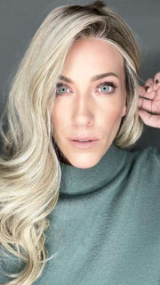 Kristyna Moore @kristynamoore wearing STATEMENT STYLE PETITE by RAQUEL WELCH WIGS in color RL19/23SS SS BISCUIT | Light Ash Blonde Evenly Blended with Cool Platinum Blonde with Dark Roots 