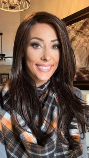 Nichole @nichole.alee wearing ZARA PETITE by JON RENAU in color FS4/33/30A MIDNIGHT COCOA | Dark Brown, Medium Red, Medium Natural Red Blonde/Brown Blend with Medium Natural Red Blonde/Brown Blend Bold Highlights
