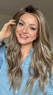 Sandy wearing RUNWAY REHEARSAL by RAQUEL WELCH in RL12/22SS SHADED CAPPUCCINO | Light Golden Brown Evenly Blended with Cool Platinum Blonde Highlights and Dark Roots