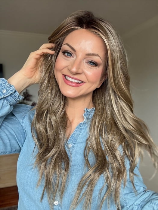 Sandy wearing RUNWAY REHEARSAL by RAQUEL WELCH in RL12/22SS SHADED CAPPUCCINO | Light Golden Brown Evenly Blended with Cool Platinum Blonde Highlights and Dark Roots