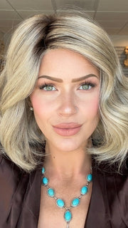 Madeline wearing UNFILTERED by RAQUEL WELCH in RL17/23SS ICED LATTE MACCHIATO | Honey Blonde shaded with Cool Blonde with Dark Roots