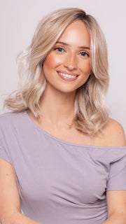 Ava wearing BRADSHAW by BELLETRESS in MILKSHAKE BLONDE R | A mixture of Light Sandy Brown, Highlighted with Light Ash Blonde with a Hint of Light Platinum Blonde with a Medium Root Color