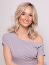 Ava wearing BRADSHAW by BELLETRESS in MILKSHAKE BLONDE R | A mixture of Light Sandy Brown, Highlighted with Light Ash Blonde with a Hint of Light Platinum Blonde with a Medium Root Color