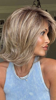 Crystal @crystallhoneycutt is wearing UPSTAGE LARGE by RAQUEL WELCH in RL12/22SS SHADED CAPPUCCINO | Light Golden Brown Evenly Blended with Cool Platinum Blonde Highlights with Dark Roots