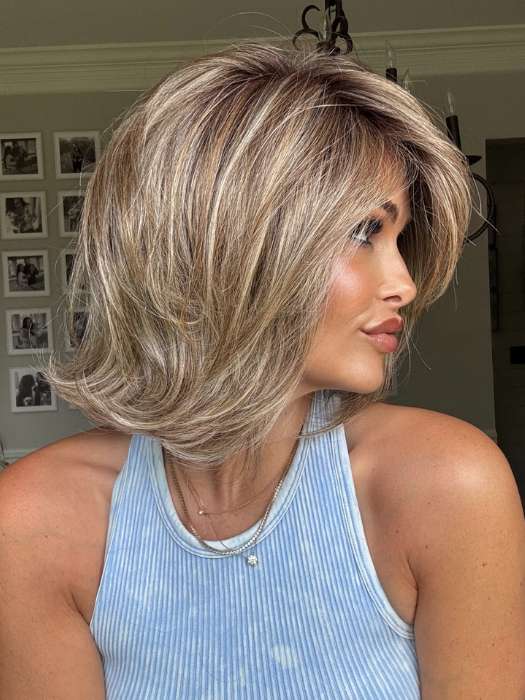 Crystal @crystallhoneycutt is wearing UPSTAGE LARGE by RAQUEL WELCH in RL12/22SS SHADED CAPPUCCINO | Light Golden Brown Evenly Blended with Cool Platinum Blonde Highlights with Dark Roots