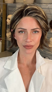 Madeline wearing MARNI by BELLETRESS in CHOCOLATE BUTTERCREAM R | Medium and Dark Brown Rooted with a Blend of Medium Brown and Dark Blonde