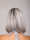ROXIE wearing CARLEY by ENVY in STERLING SHADOW | Medium Salt-and-Pepper Grey with Darker Brown Roots