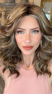 Madeline wearing ELLE by BELLETRESS in CAPPUCINO LATTE R | A Deep brunette with light brown highlights and lowlights