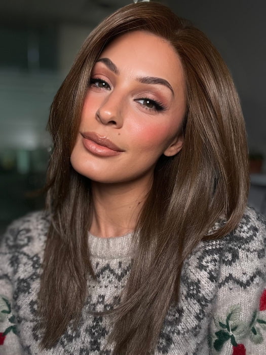 ROXIE wearing WELL PLAYED by RAQUEL WELCH in RL6/8 DARK CHOCOLATE | Medium Brown Evenly Blended with Warm Medium Brown