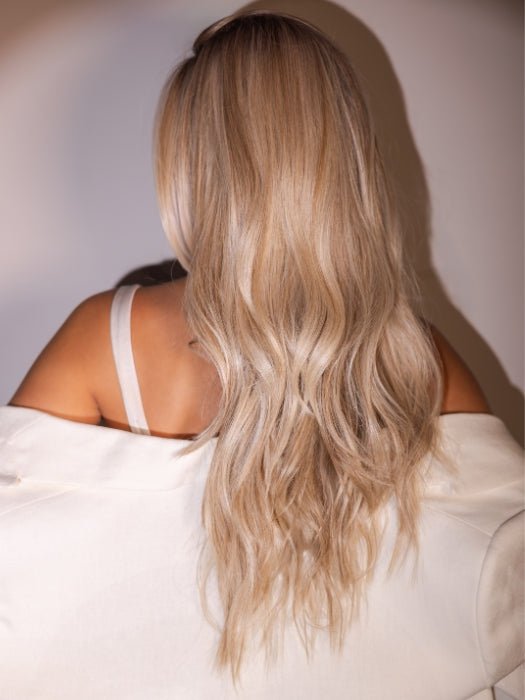 Roxie is wearing RUNWAY REHEARSAL by RAQUEL WELCH in RL19/23SS SHADED BISCUIT | Light Ash Blonde Evenly Blended with Cool Platinum Blonde with Dark Roots