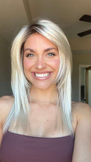 Chloe Beau @chloebeaushannon wearing CODE MONO by ELLEN WILLE in color Light Champagne Rooted | Pearl Platinum and Light Golden Blonde Blend with Medium Brown Roots