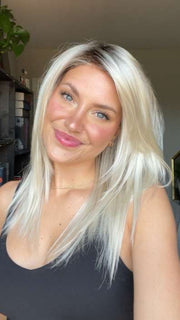 Chloe Beau @chloebeaushannon wearing CODE MONO by ELLEN WILLE in color Light Champagne Rooted | Pearl Platinum and Light Golden Blonde Blend with Medium Brown Roots