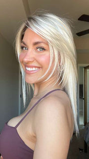 Chloe Beau @chloebeaushannon wearing CODE MONO by ELLEN WILLE in color Light Champagne Rooted | Pearl Platinum and Light Golden Blonde Blend with Medium Brown Roots