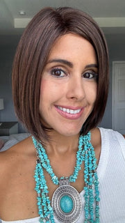Lorena @faux.hurr.lifee wearing ELITE by ELLEN WILLE in color DARK CHOCOLATE MIX | Warm Medium Brown, Dark Auburn, and Dark Brown blend
