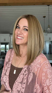 Susan Cooke @wigs_with_wisdom wearing DRIVE by ELLEN WILLE in color LIGHT-BERNSTEIN-ROOTED 20.27.12 | Light Auburn, Light Honey Blonde, and Light Reddish Brown blend and Dark Roots