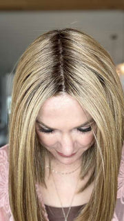 Susan Cooke @wigs_with_wisdom wearing DRIVE by ELLEN WILLE in color LIGHT-BERNSTEIN-ROOTED 20.27.12 | Light Auburn, Light Honey Blonde, and Light Reddish Brown blend and Dark Roots