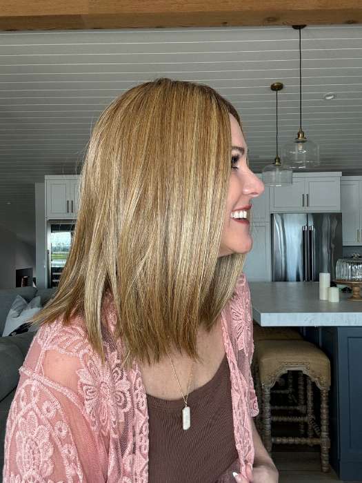 Susan Cooke @wigs_with_wisdom wearing DRIVE by ELLEN WILLE in color LIGHT-BERNSTEIN-ROOTED 20.27.12 | Light Auburn, Light Honey Blonde, and Light Reddish Brown blend and Dark Roots
