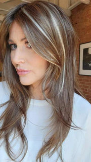 Natalie @vanish.into.thin.hair wearing SHILO BY NORIKO in ALMOND SPICE-R | Rooted Dark Brown with Medium Brown Base with Honey and Platinum Blonde Highlights