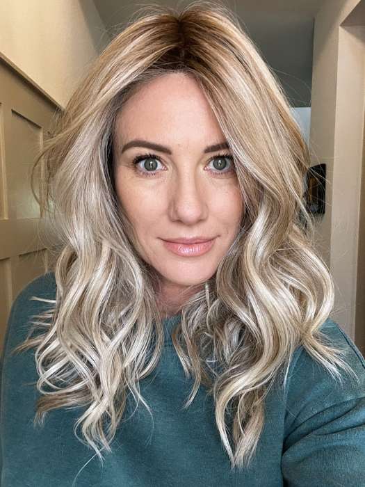 Jenny B. @thewiggygirl wearing SELFIE MODE by RAQUEL WELCH WIGS in color RL19/23SS SHADED BISCUIT | Light Ash Blonde Evenly Blended with Cool Platinum Blonde with Dark Roots
