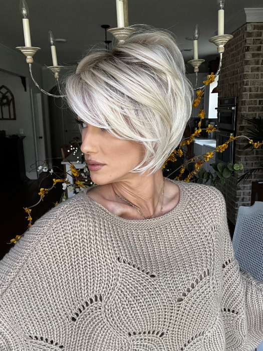 Jenna Fail @jenna_fail wearing PIXIE LITE by TRESSALLURE WIGS in color 613/1001/R18 | Vanilla Blonde Platinum White Blend Rooted Ash Brown