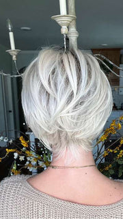Jenna Fail @jenna_fail wearing PIXIE LITE by TRESSALLURE WIGS in color 613/1001/R18 | Vanilla Blonde Platinum White Blend Rooted Ash Brown