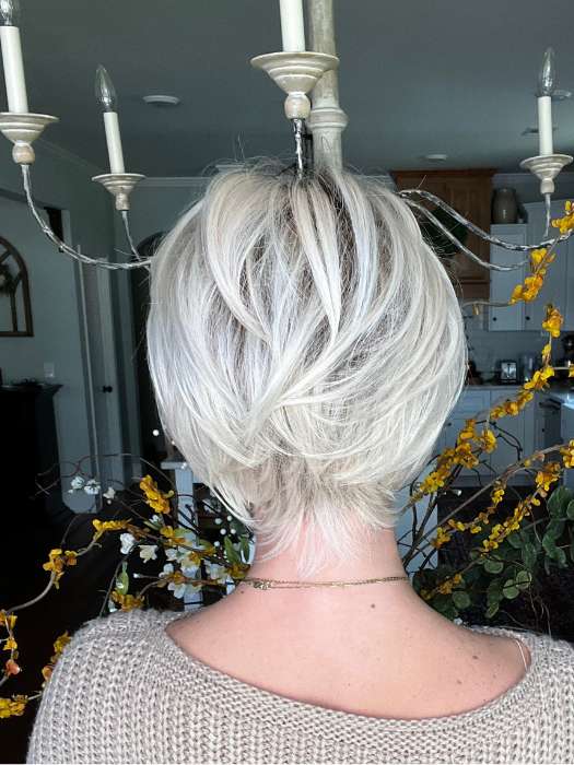 Jenna Fail @jenna_fail wearing PIXIE LITE by TRESSALLURE WIGS in color 613/1001/R18 | Vanilla Blonde Platinum White Blend Rooted Ash Brown