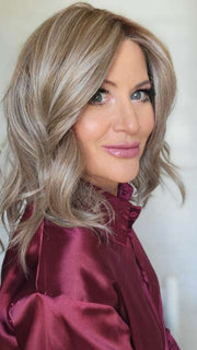 Natalie Gray @vanish.into.thin.hair wearing PEERLESS 14 by BELLETRESS in color BRITISH MILKTEA | Dark Blonde and Light Brown Blend with a Medium to Darker Root