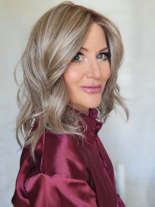Natalie Gray @vanish.into.thin.hair wearing PEERLESS 14 by BELLETRESS in color BRITISH MILKTEA | Dark Blonde and Light Brown Blend with a Medium to Darker Root