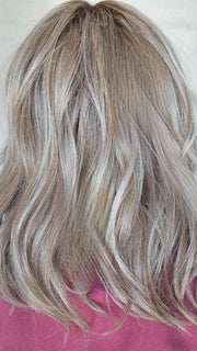 Natalie Gray @vanish.into.thin.hair wearing PEERLESS 14 by BELLETRESS in color BRITISH MILKTEA | Dark Blonde and Light Brown Blend with a Medium to Darker Root