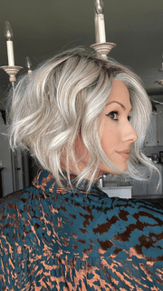 Jenna @jenna_fail wearing TREND ALERT by GABOR in color GF19-23SS BISCUIT | Light Ash Blonde Evenly Blended with Cool Platinum Blonde with Dark Roots