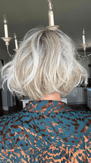 Jenna @jenna_fail wearing TREND ALERT by GABOR in color GF19-23SS BISCUIT | Light Ash Blonde Evenly Blended with Cool Platinum Blonde with Dark Roots