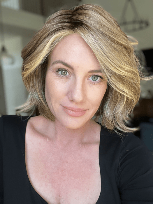 Jenny B. @thewiggygirl wearing TREND ALERT by GABOR in color GF11-25SS HONEY PECAN | Chestnut Brown base blends into multi-dimensional tones of Brown and Golden Blonde