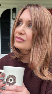 Emily H. @she_sheds_more wearing KARLIE BY JON RENAU in 30A27S4 SHADED PEACH | Medium Natural Red & Medium Red-Gold Blonde Blend, Shaded with Dark Brown