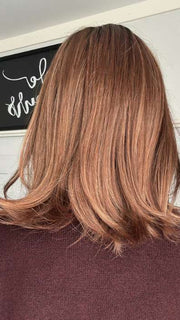 Emily H. @she_sheds_more wearing KARLIE BY JON RENAU in 30A27S4 SHADED PEACH | Medium Natural Red & Medium Red-Gold Blonde Blend, Shaded with Dark Brown