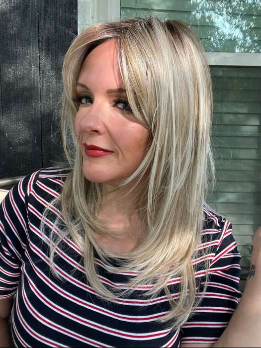 Marcie Mertz @wig.obsessed wearing SPOTLIGHT by RAQUEL WELCH WIGS in color RL19/23SS SHADED BISCUIT | Light Ash Blonde Evenly Blended with Cool Platinum Blonde with Dark Roots