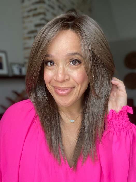 Brea Davis @getwiggywithbrea wearing WELL PLAYED by RAQUEL WELCH in color RL8/12SS ICED MOCHA | Medium Brown shaded with Dark Blonde