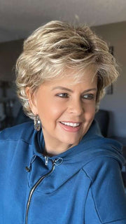 Donna @style.me.ageless wearing DAILY by ELLEN WILLE in color CHAMPAGNE ROOTED 22.20.25 | Light Beige Blonde, Medium Honey Blonde, and Platinum Blonde blend with Dark Roots
