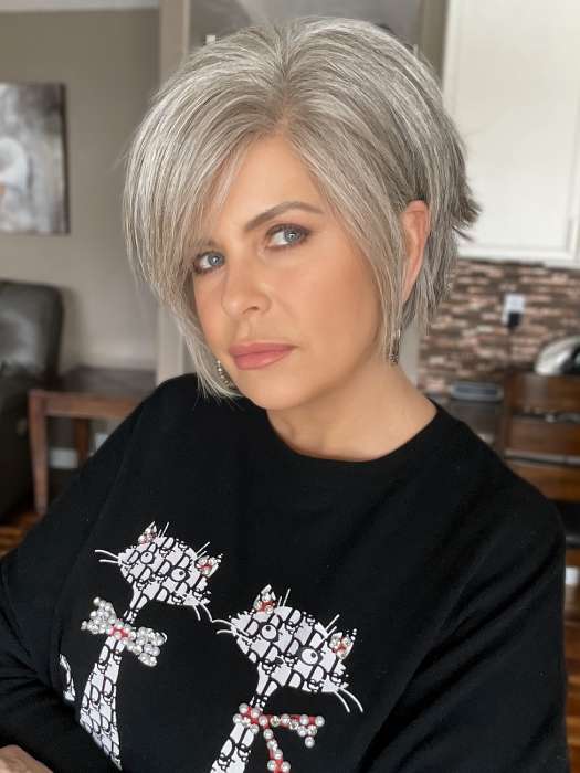 Donna @style.me.ageless wearing FLIRTING WITH FASHION by RAQUEL WELCH WIGS in color RL119 SILVER AND SMOKE | Light Brown with 80% Gray in Front Gradually into 50% Gray Towards the Nape