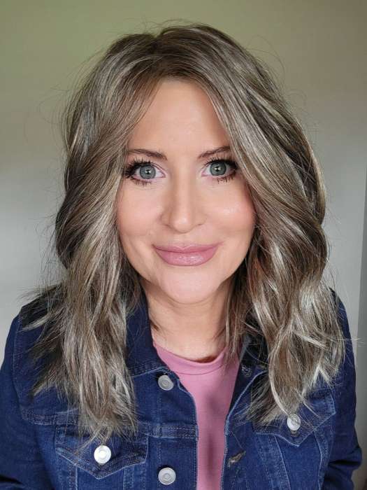 Natalie Gray @vanish.into.thin.hair wearing LOVE WAVE by GABOR in color GL18-23 TOASTED PECAN | Ash Brown with Cool Blonde Highlights